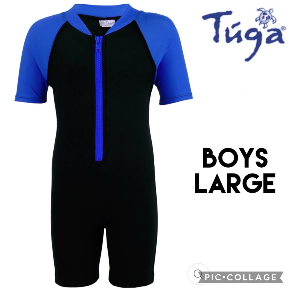TUGA Boys Wetsuit Swim Black Blue 1mm Neoprene Short Sleeve 1/2 Zip 50 UPF+